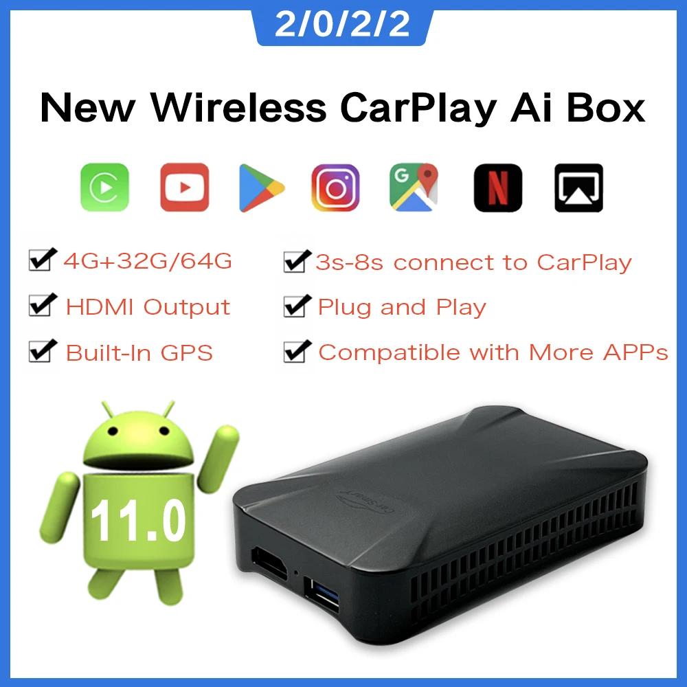 Carplay Android 11 Ai Box Автомобильный мультимедийный плеер Новая версия 4 + 64G беспроводное