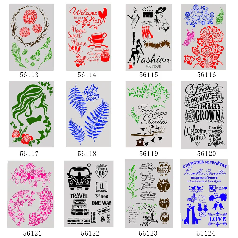 

1Pcs A4 DIY Stencils Wall Painting Scrapbook Coloring Embossing Album Decorative Paper Card Template 29*21cm 12 models Stencils