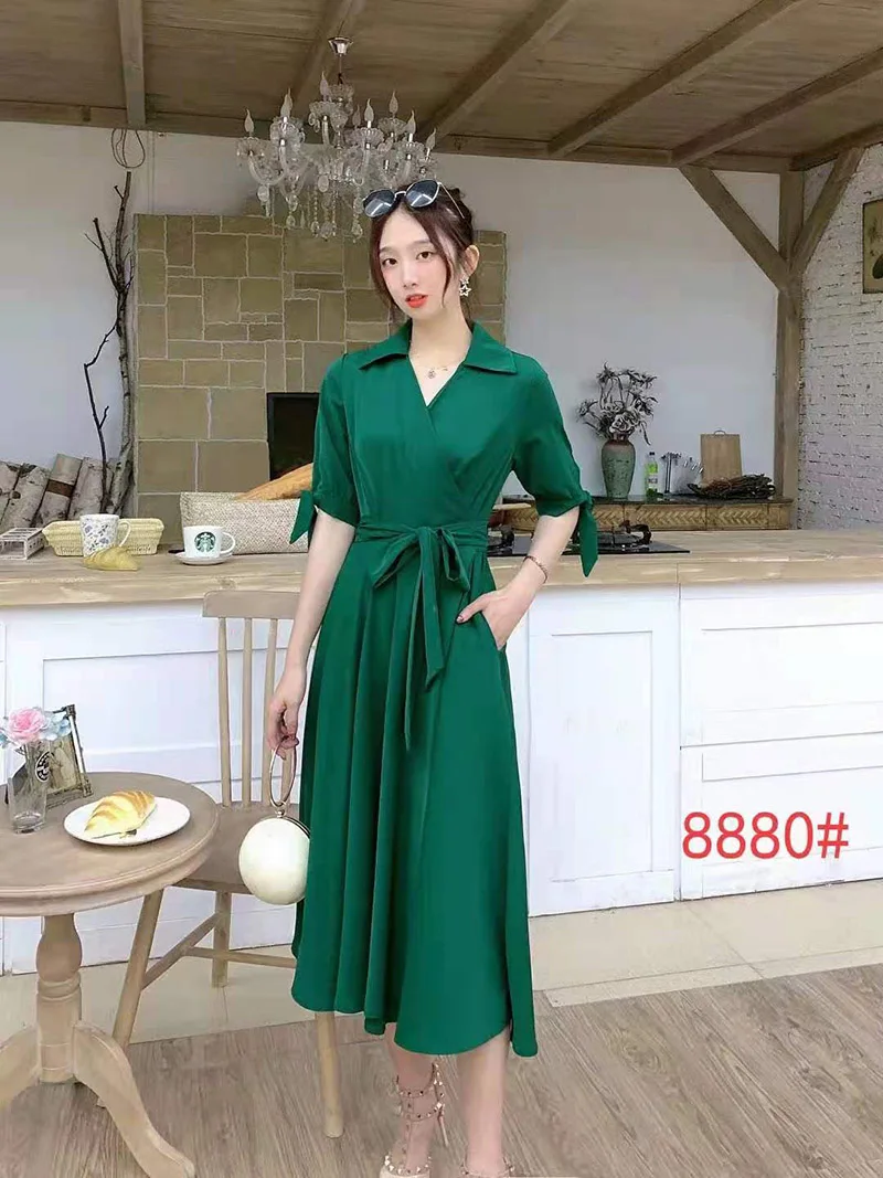 

French Vintage Midi Dress Women short Sleeve V-Collor Office Elegant Dress 2021 Spring summer Solid color Piece Dress Korean