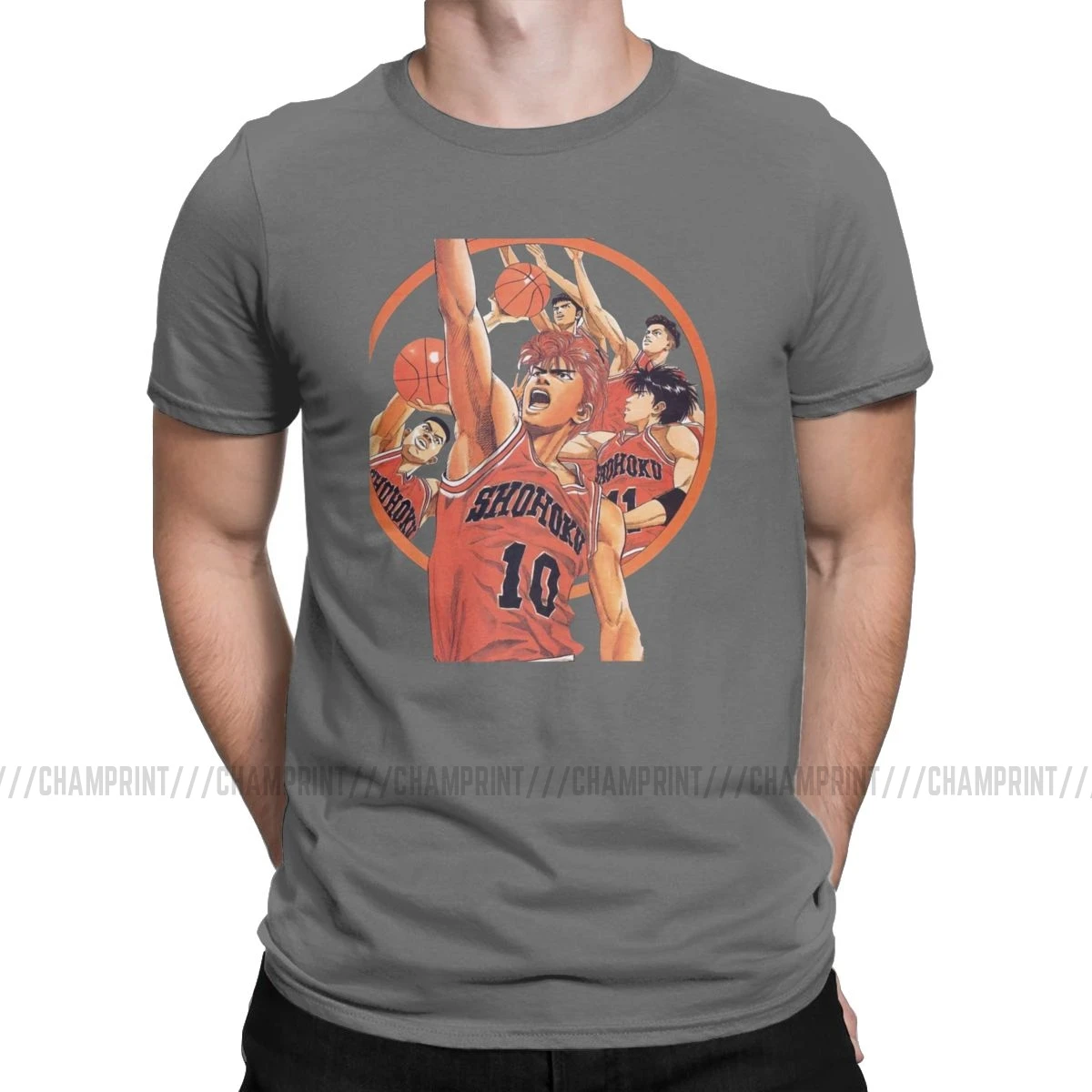 Мужская баскетбольная аниме футболка Slam Dunk, Sakuragi Hanamichi, Спортивная манга, одежда, потрясающая футболка с круглым воротником, футболка с принтом - Цвет: Темно-серый
