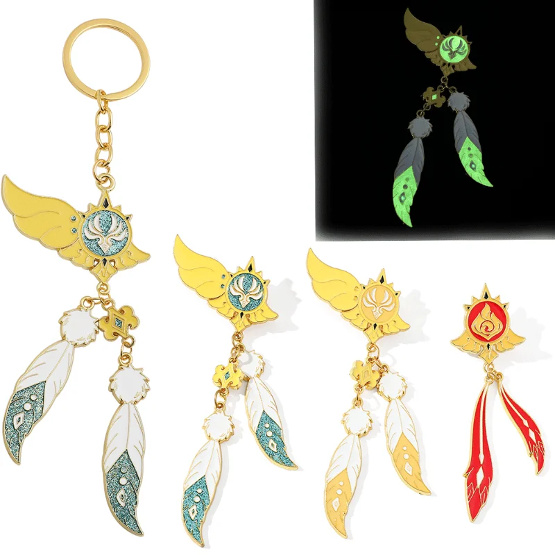 

New Fashion Genshin Impact Vision Enamel Brooch Barbatos Wendi Keychain Luminous Eye of Original God Metal Keyring Jewelry Gifts