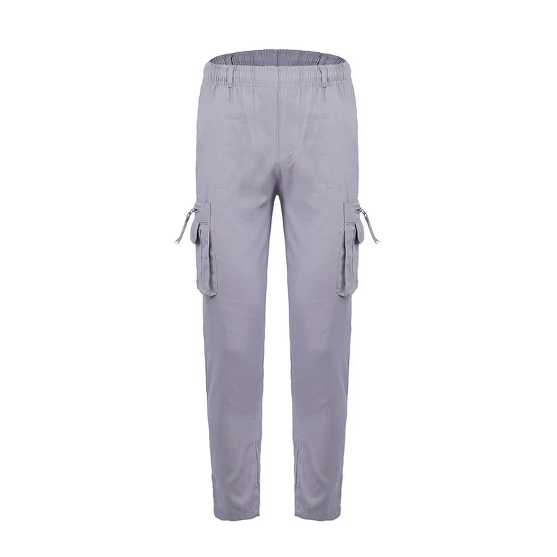grey Litthing мужские хлопковые льняные брюки с несколькими карманами летние брюки 2XL повседневные мужские однотонные прямые свободные штаны с эластичной талией размера плюс - Цвет: grey