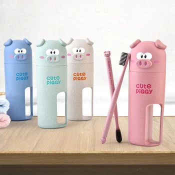 

Cute Cartoon Pig Wheat Straw Travel Dental Oral Care With Toothbrushes Storage Case Set Portable Washing Cup