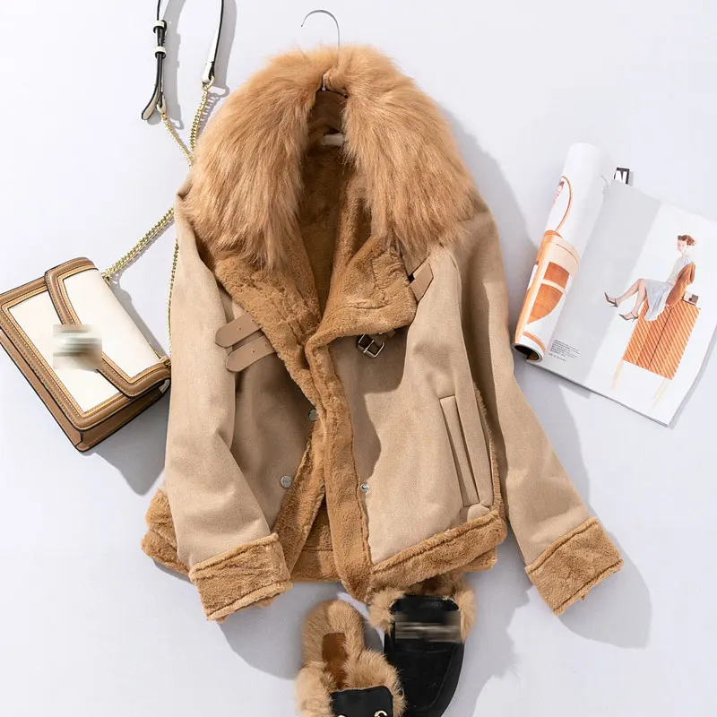 Women Leather Jackets Winter Suede Leather Jacket Women Short Lamb Wool Motorcycle Jacket Thick Lambs Fur Warm Coat