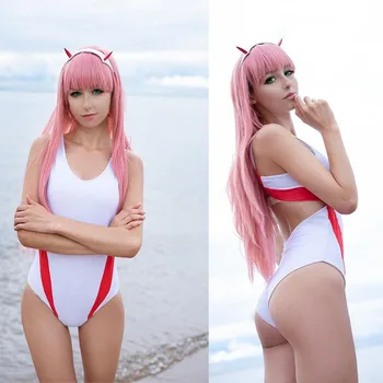 2019 Halloween Anime DARLING in the FRANXX CODE:002 Zero Two Cosplay Costume Sexy Bodysuit For Women Jumpsuit Swimsuit and Wigs Accessories WIGS color: full set|Swimsuit|wigs 