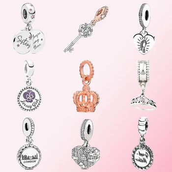 

100% 925 Silver 1:1 Sisters Hanging Key Openwork Love Hearts Skyline crown Belle Tiara Sweet Heart Grandmother Charm Pendant