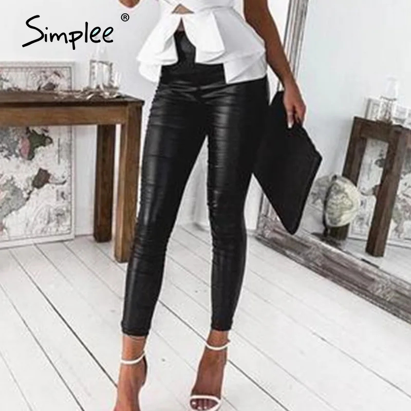Simplee из искусственной кожи highstreet женские длинные штаны черные с высокой талией