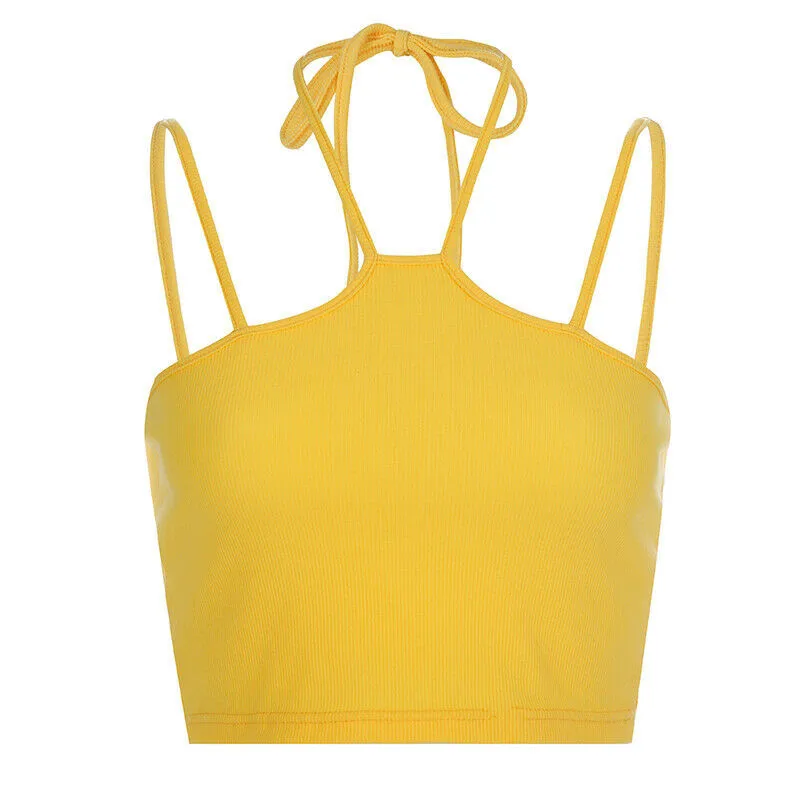 Женская Повседневная Сексуальная Холтер Желтый camisoles модная однотонная без рукавов женская простая Базовая стрейчевая бюстгальтер, Короткие топы жилет Femme