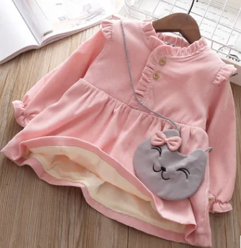 Новое однотонное платье для малышей, vestido infantil платье с длинными рукавами для девочек осенне-зимнее бархатное детское цельнокроеное платье, подарок - Цвет: Розовый