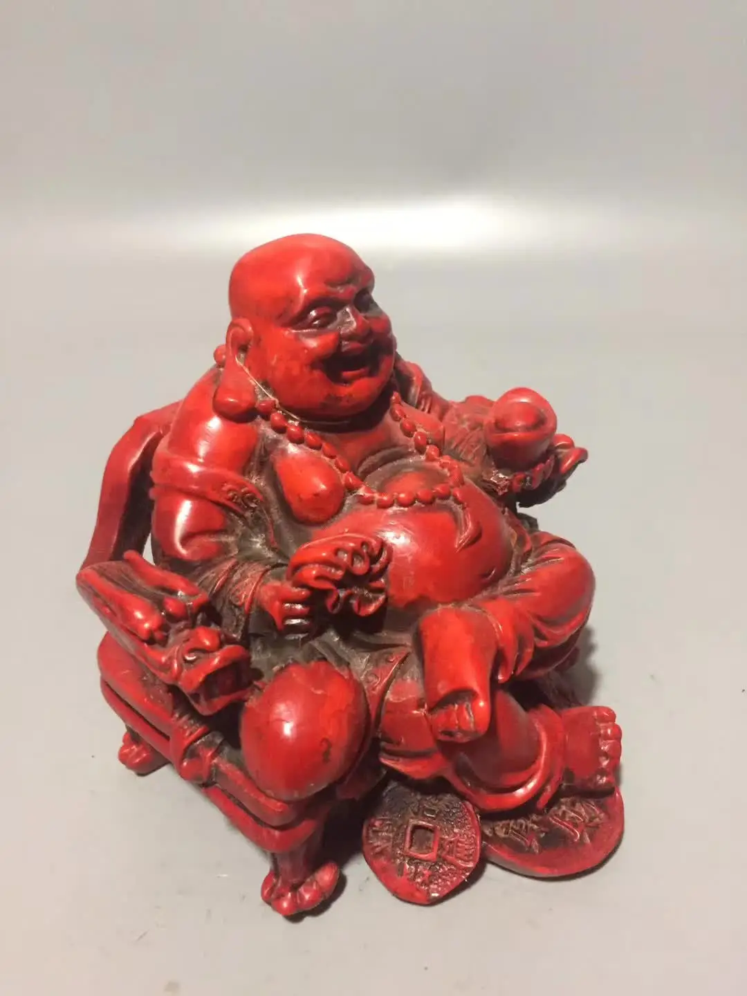 Китайская Красная Коралловая резная статуя Будды Maitreya счастливая Будда со