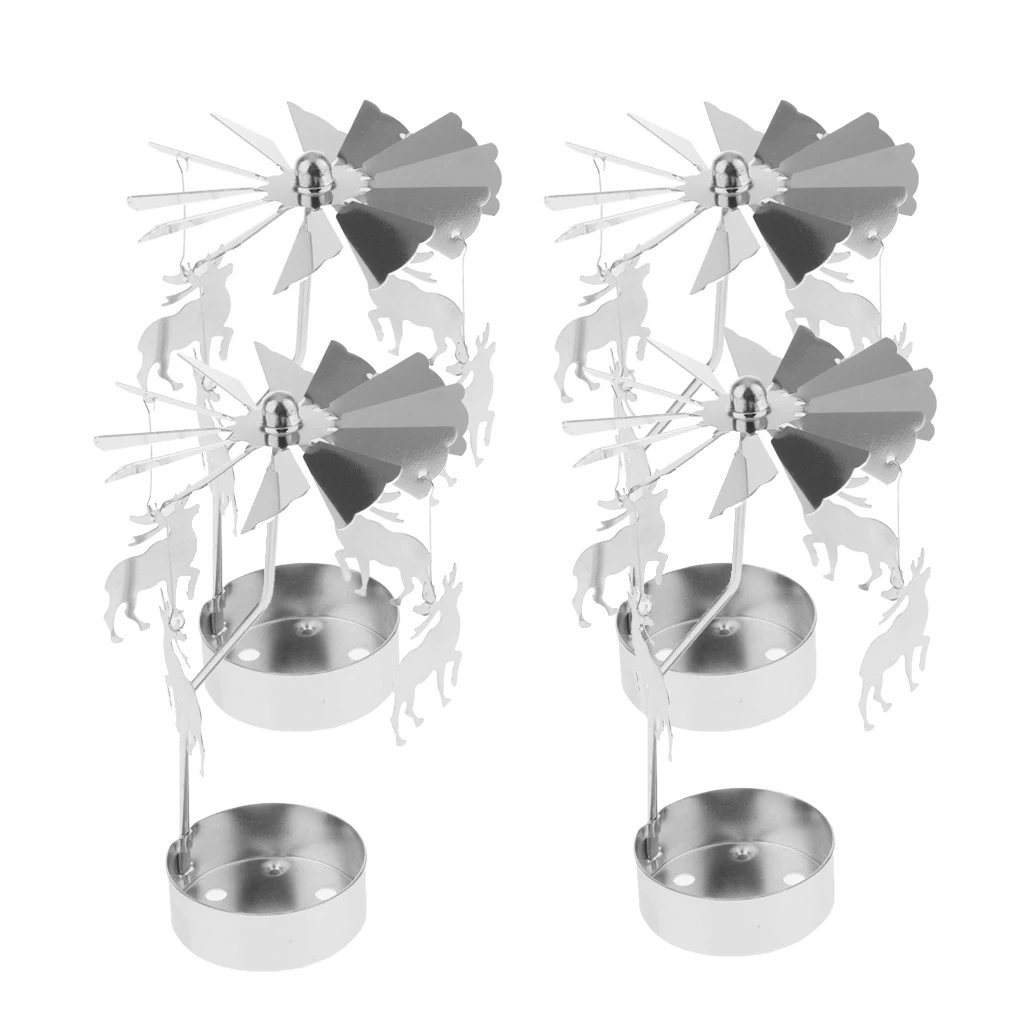 4 Pack Spinning Elk Deer Candle Holder, Silver Plated Metal Cut Tea Light Candle Stick for Tabletop Centerpiece Xmas Decoration