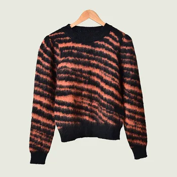 

Women Sweater 2019 Autumn /Winter New Ladies Round Neck Stitching Striped Loose Long-sleeved Plush Sweater