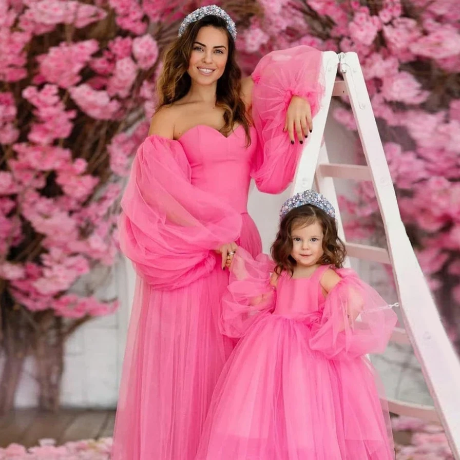 Off Shoulder Long Tulle Dress Sleeve Evening Dresses Mommy And Me A-line Elegant For Women Bridesmaid | Свадьбы и торжества