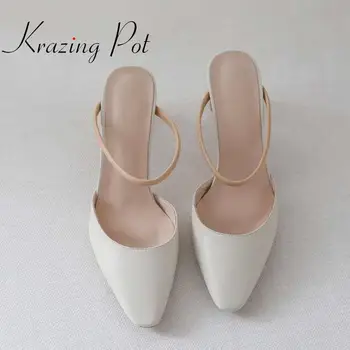 

Krazing pot big size full grain leather high heels high street fashion pointed toe slip on handmade simple summer sandals L41