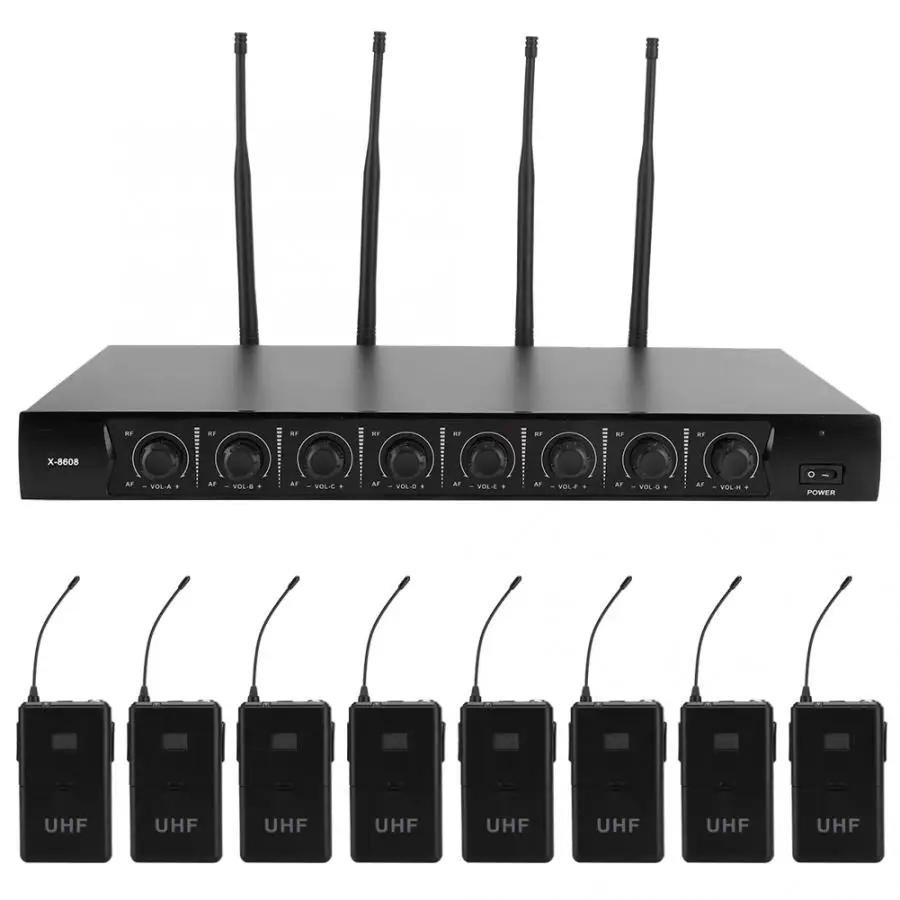 Высокое качество UHF/VHF 1 для 8 профессиональный беспроводной портативный микрофон с креплением на талии 100-240 в США