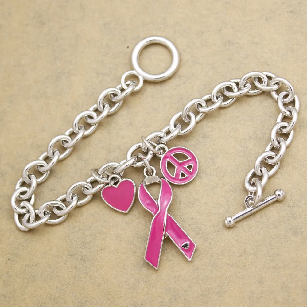 Breast Cancer Awareness Pink Ribbon Heart Peace Silver Plated Link Chain Charm Bracelet Bangle Jewelry Pulseira Feminina Charms | Украшения