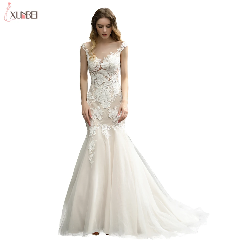 Ivory Robe De Mariee Новые свадебные платья Mermaind кружевной круглый вырез, Свадебные платья с блестками Vestido De Noiva - Color: Ivory