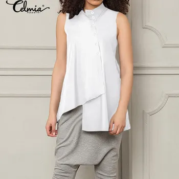 

Celmia Sleeveless Top Tunic 2020 Summer Womens Blouses Vintage Asymmetrical Shirts Casual Loose Buttons Work Blusas Femme 5XL