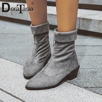 

DORATASIA Elegant Brand Lady Chunky Heels Boots Slip On Winter Warm Square Heels Boots Women Casual Pointed Toe Shoes Woman