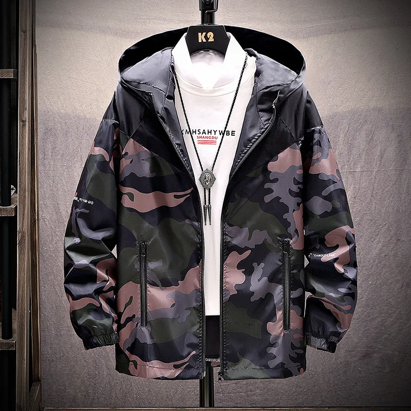 Armygreen-Black Весна/Лето Новая модная камуфляжная куртка, Мужская ветровка с капюшоном, легкая ветровка куртка для выхода - Цвет: Armygreen-Black