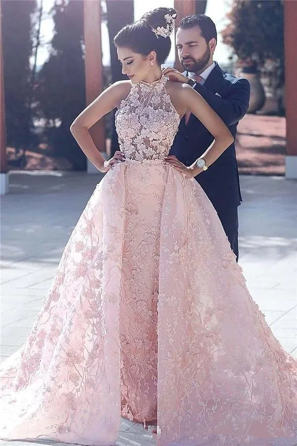 

2019 Ball Gown Prom Dresses High Neck Pink Lace Applique 3D Floral Flowers Illusion Hollow Back Arabic Dubai Overskirts Long
