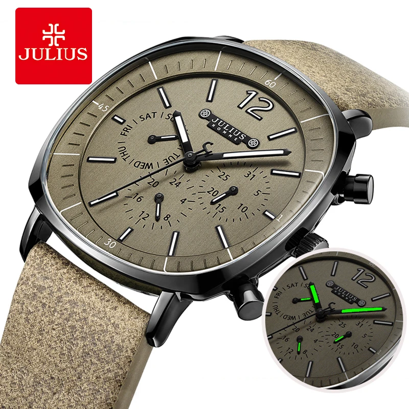 JULIUS Real Chronograph Men's Business Watch 3 Dials Leather