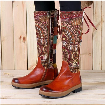 

New Manual Genuine Leather Boots Women Bohemia Keep Warm Long Boots Knee High Zipper Bootie Flat Heel Folkways Splicing Boots