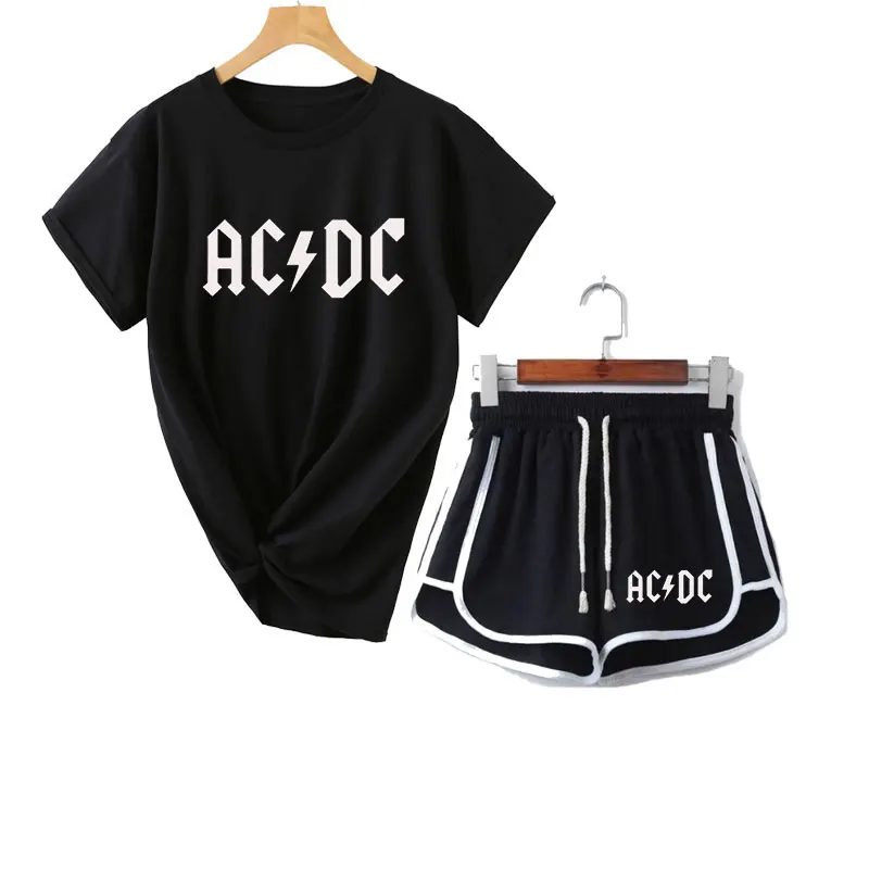 Футболка + шорты женский комплект из двух частей рок harajuku ACDC черная печатная