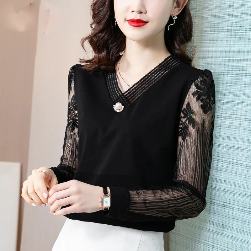 

Spring Autumn Women Lace Splice Blouse Elegant Long Sleeve V-Neck Top Ladies Loose Casual Solid Color Blouses MM1360