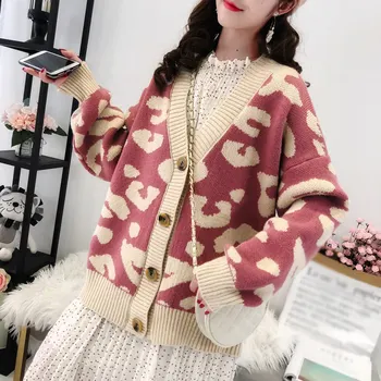 

Leopard Knitted Women's Sweater Cardigan Female V-Neck Single Breasted Long Sleeve Sweaters Autumn Ladies Cardigans Oversized