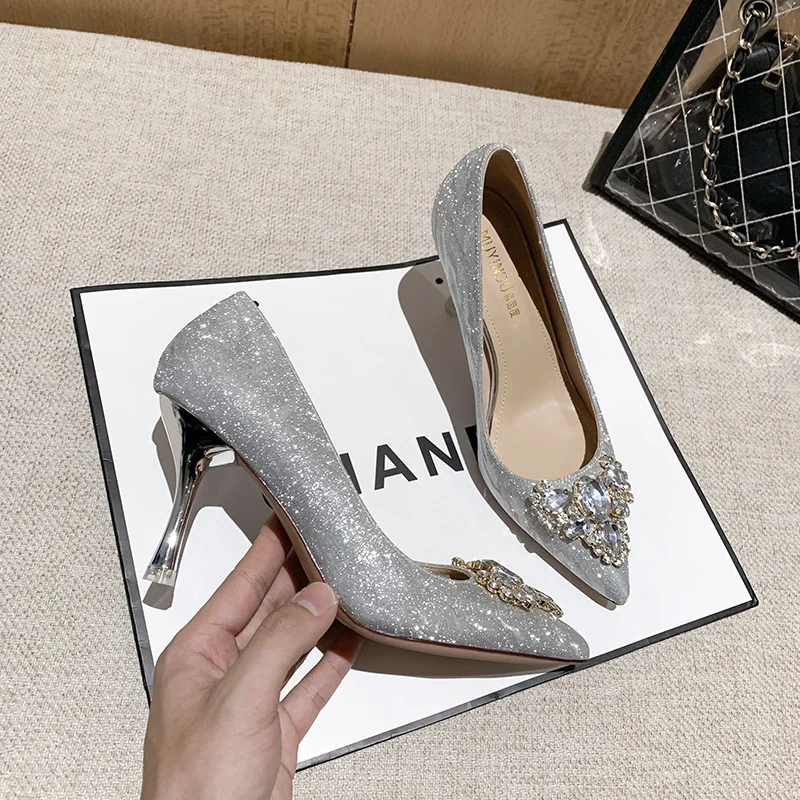 2023 New Women's Shoes Sandal Heels Women Pointed Sexy bride shoes Women's High Heels Female Gold Silver Rhinestone Wedding Shoe