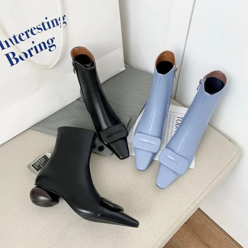

Womens Pointed Toe Ankle Boots Genuine Leather Side Zipper Square Buckle Mid Strange Egg Heel Martin Shoes Black Smoky blue