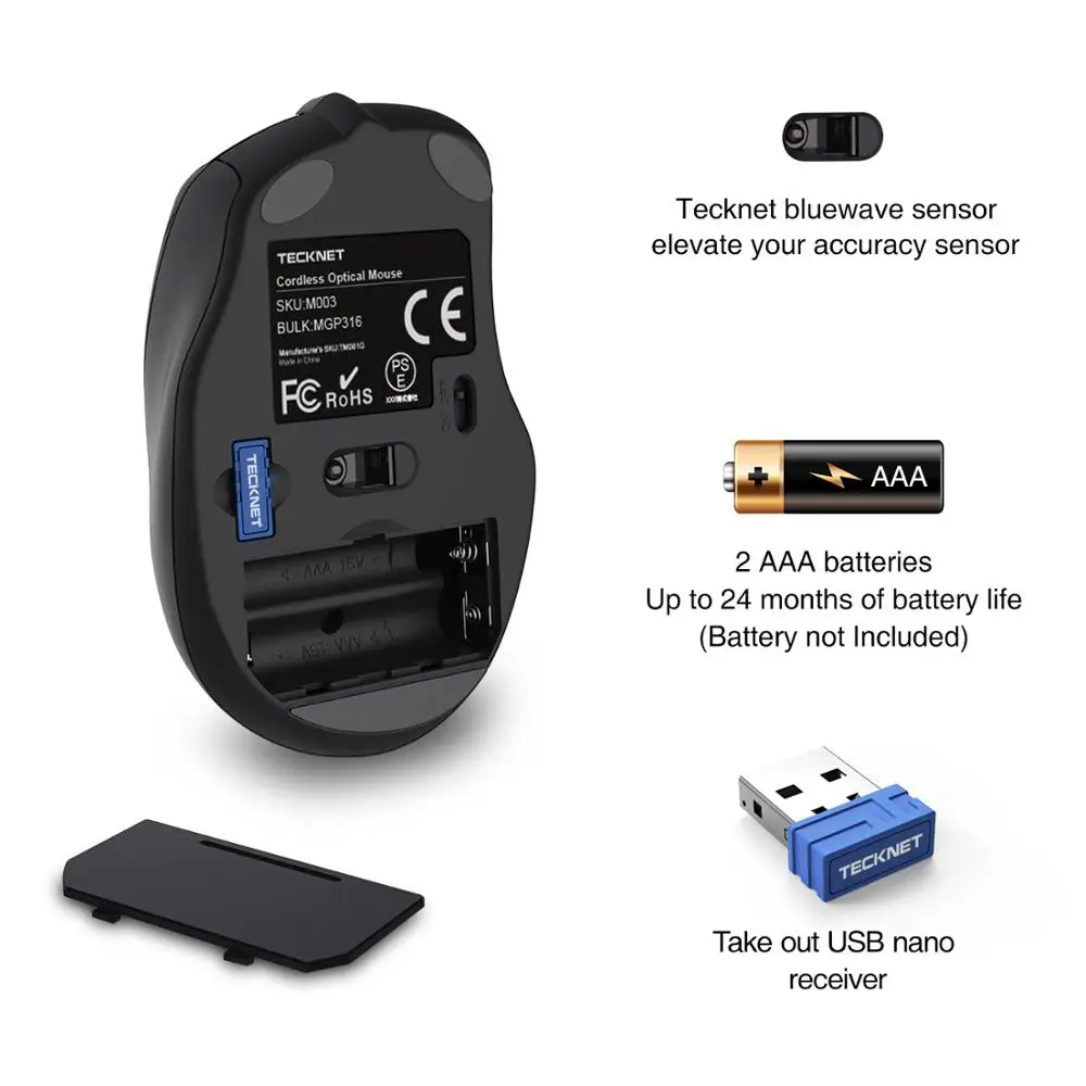 TeckNet эргономичная беспроводная мышь 2 4 ГГц с USB нано приемником компьютерный