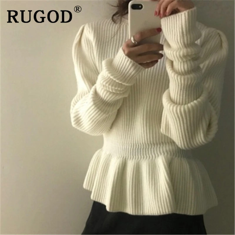 RUGOD, корейский шик, белый свитер, женский, элегантный, с оборками, с пышными рукавами, тонкий, вязанный, пуловеры, модные, для офиса, для девушек, Зимняя вязанная одежда