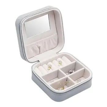 

9.8 * 9.8 * 5CM Portable Jewelry Box Leather Hand Jewelry Box Travel Storage Necklace Earrings Lipstick Makeup Case Mirror Gift