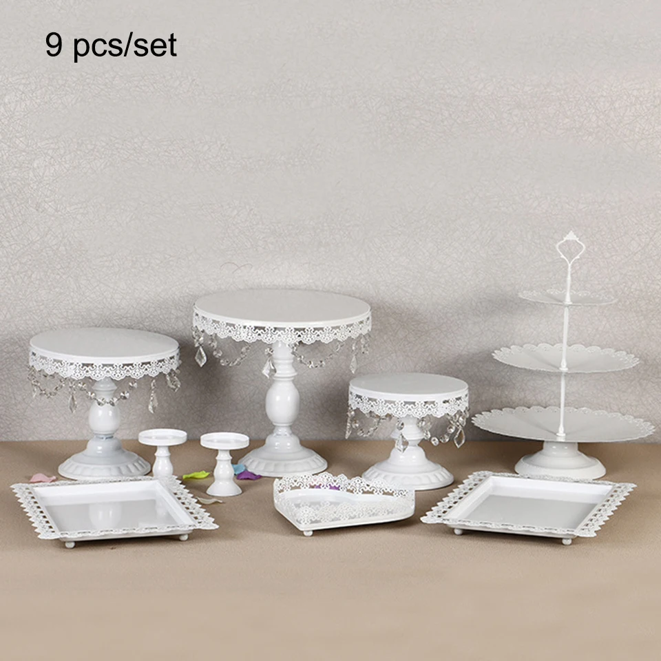 white 9 pcs Transhome Свадебная подставка для торта 4-13 шт металлическая Хрустальная стойка для кексов кружевная сковорода для торта День рождения десерт, макарон - Цвет: white 9 pcs
