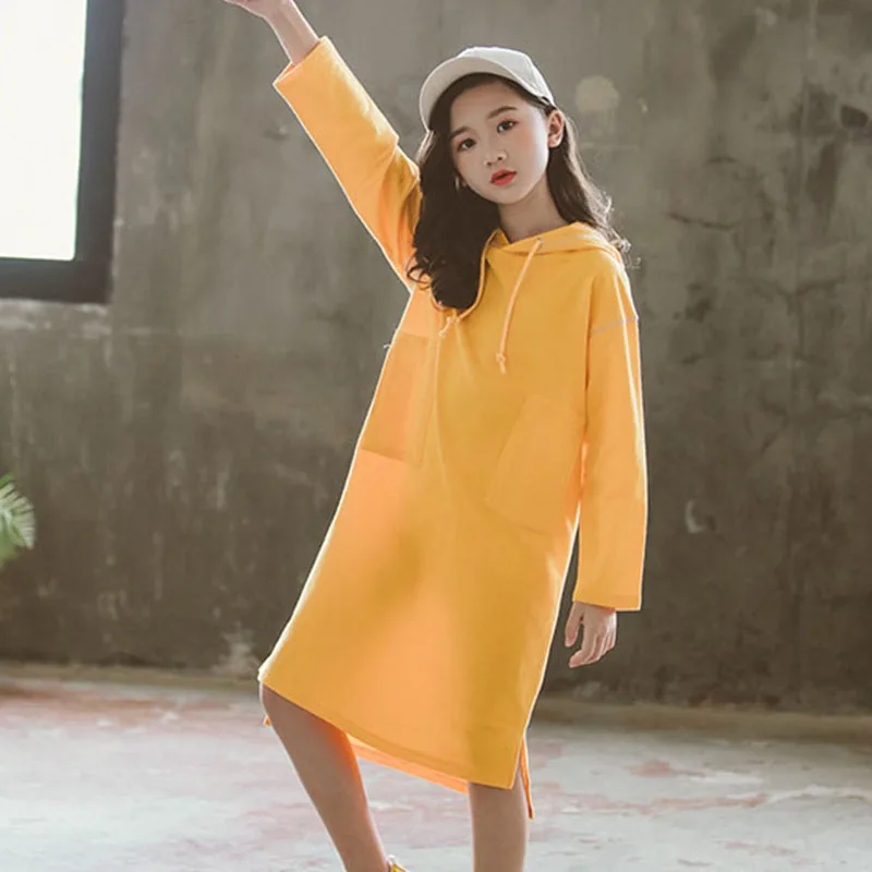 Серые, желтые толстовки с капюшоном, платья для девочек, длинный рукав, хлопок, до колен, свитшот, детская одежда 6, 8, 10 лет