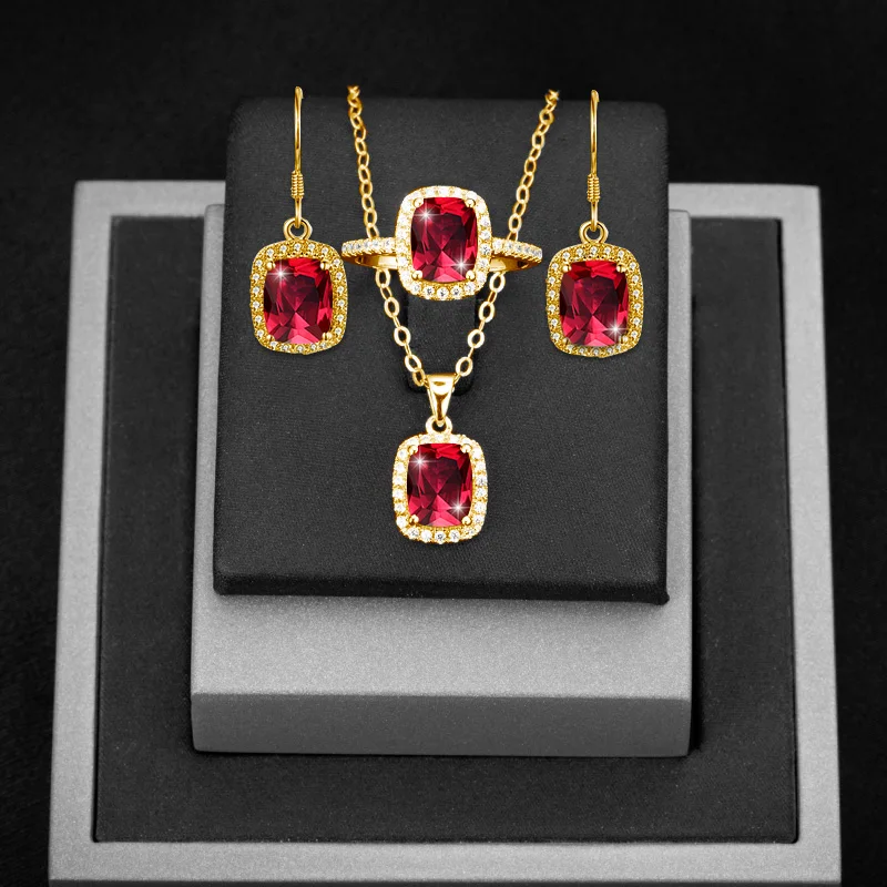 

Ruby Jewelry Sets 925 Sterling Silver 14k Gold Plated Luxury Gemstones Ring Earring Pendant Set For Women High Quality Jewelry