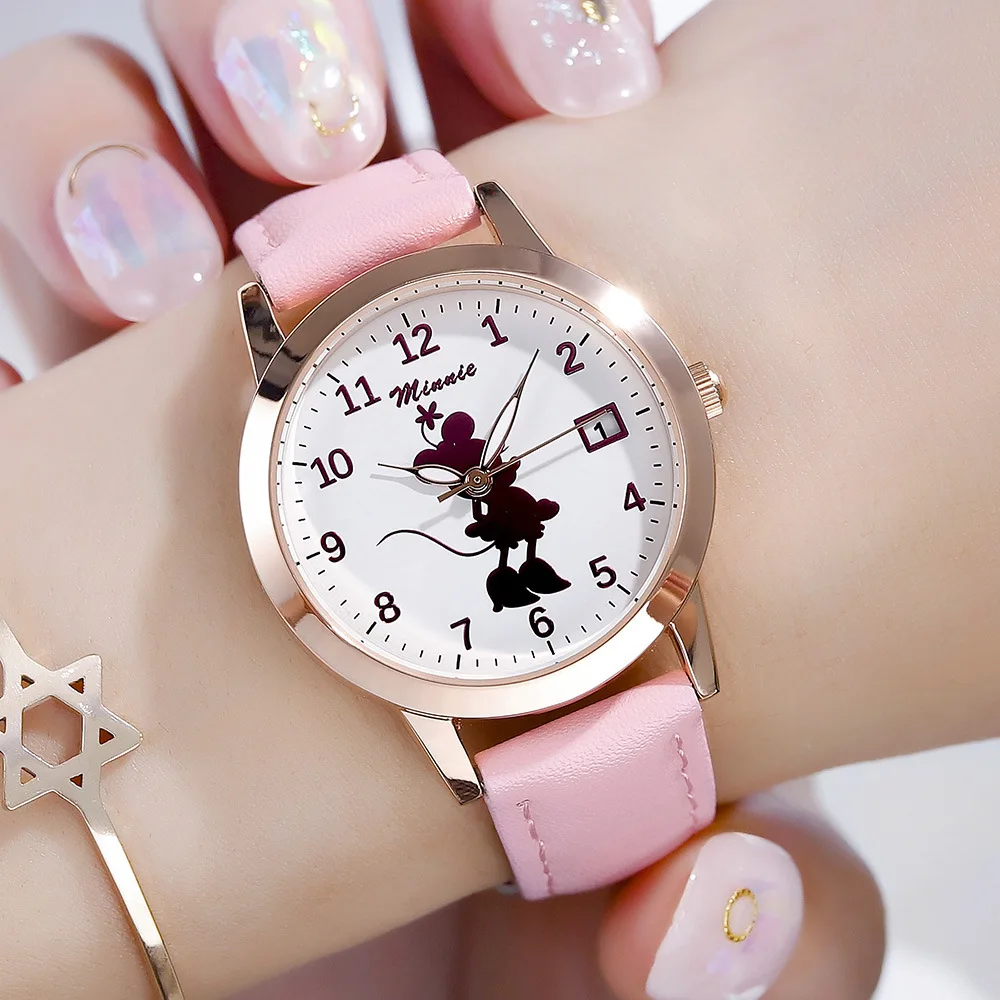 

Disney Watch Mickey Minnie Calendar Fashion Quartz Watch Students Leather Belt WOMEN'S Watch 199