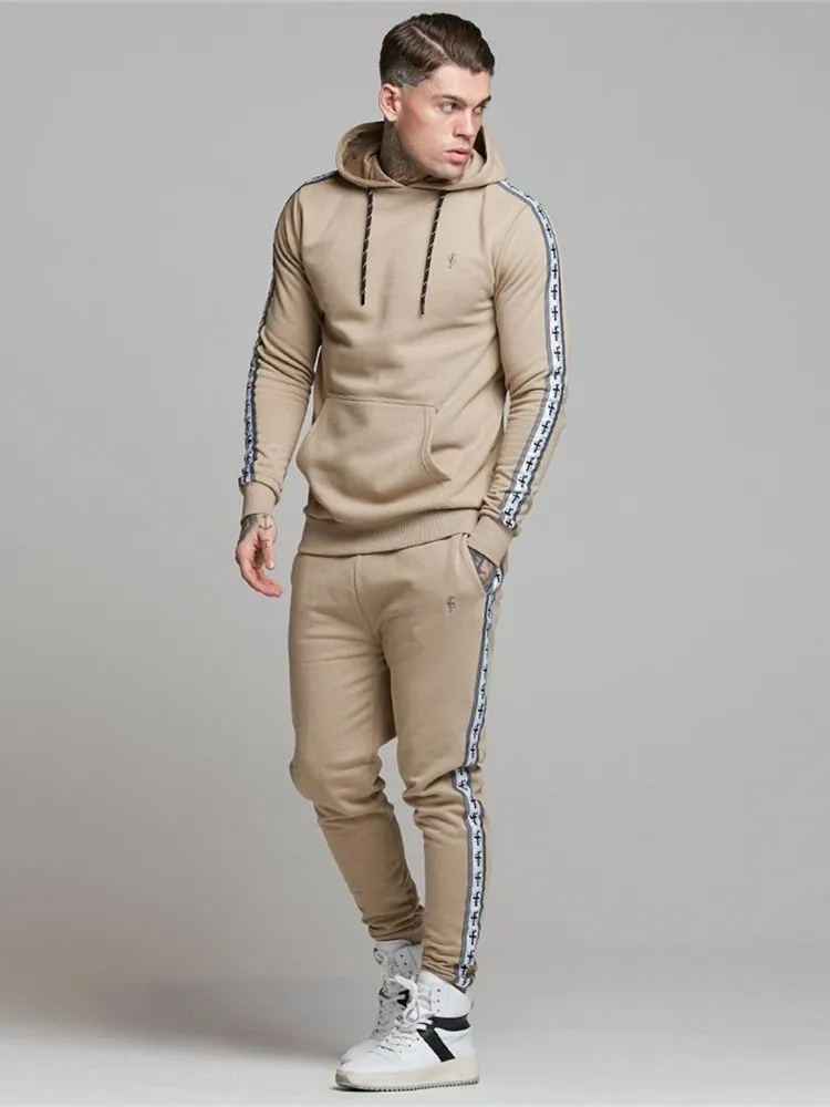 khaki Европейские и американские уличные спортивные костюмы для фитнеса с большим карманом, мужские пальто с капюшоном+ повседневные брюки с маленькими штанинами, модная трендовая одежда - Цвет: khaki