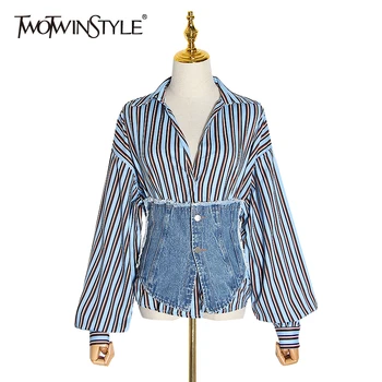 

TWOTWINSTYLE Patchwork Denim Hit Color Striped Women's Shirts Lapel Collar Long Sleeve Shirt Female 2020 Autumn Fashion Clothing