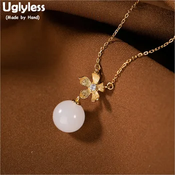 

Uglyless Handmade Floral Jewelry Sets for Women Real 925 Silver Flower Rings + Necklace + Chains Natural Jade Ball Bijoux P1099