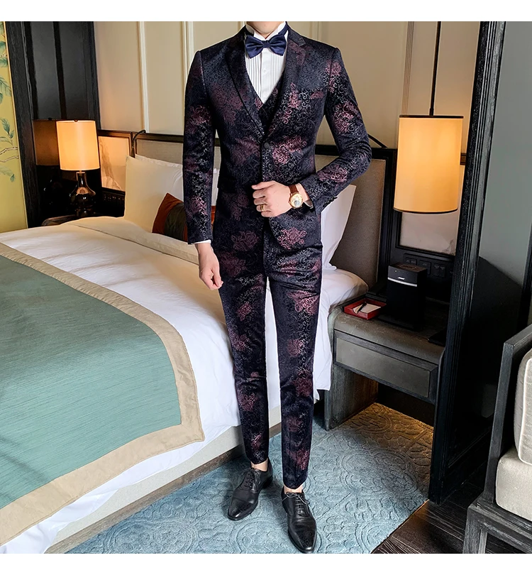 Costume De Luxe Pour Homme Baroque Vestito Matrimonio Uomo Royal Mens Luxury Suits Jacquard Flowers Heren Pak Velvet Ternos Slim