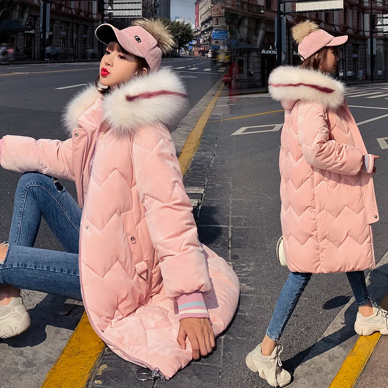 

2019 Winter Hooded Velve Parka Womens Thickening Outerwear Slim Down Cotton Coat Female New Long Fur Collar Winter Jacket Women