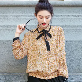 

Elegant Floral Printed Turn Down Collar Pullover Shirts Temperament Plus Size Bow Bandage Long Sleeve Tosps Fashion Tide