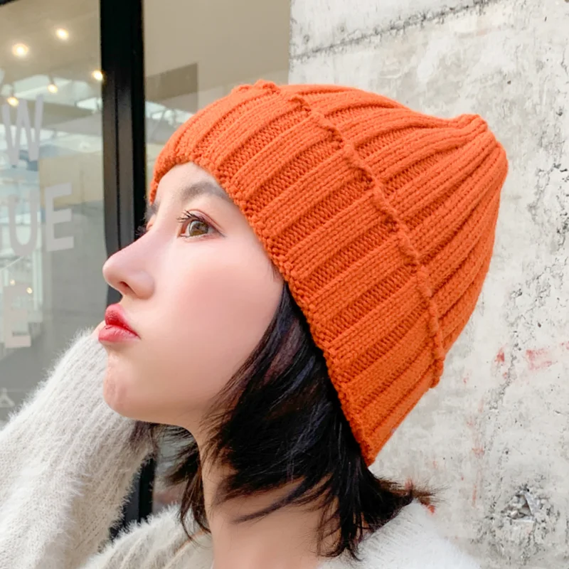 Skullies, одноцветная Зимняя шерстяная вязаная шапка, женская шапка Gorras, повседневная, утолщенная, теплая, женская, мягкая, Балаклава, шапка бини, лыжная - Цвет: orange