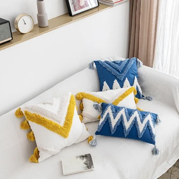 

Throw Pillow Covers Boho Modern Tribal Decoration Blue Tufted Fringe Tassel Couch Cushion Case for Bedroom Living Room Sofa Car