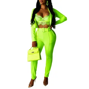 

2Pcs/Set Office Lady Solid Color Long Sleeve Short Blazer Belted Suit Pants