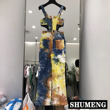 

Personality Jeans Pants 2020 Summer New Streetwear Retro Color Midriff Outfit Denim Overall Women Cool Suspender Pants Trousers