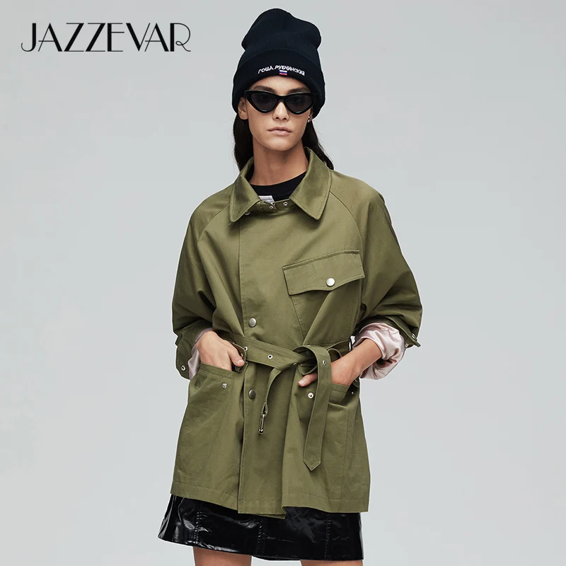 JAZZEVAR 2019 Новое поступление осенний тренч женское зеленое модное хлопковое